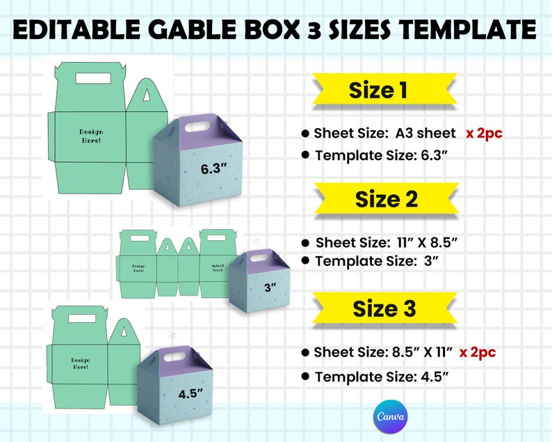 May include: An editable gable box template in three sizes, featuring flat green die-cut layouts and assembled light blue boxes with purple handles. Text includes 'EDITABLE GABLE BOX 3 SIZES TEMPLATE', 'Size 1', 'Size 2', 'Size 3', and specific dimensions in inches.