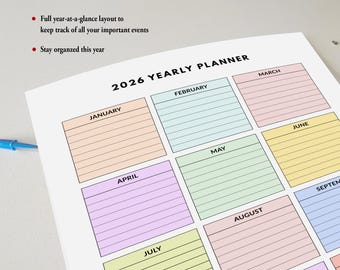 Planificador anual editable, resumen anual imprimible en una página, resumen del año, planificador minimalista sin fecha, plantilla de calendario, plan anual