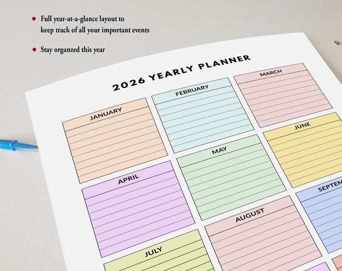 Minimalist Yearly Planner on One Page, Year at a Glance, Annual ...