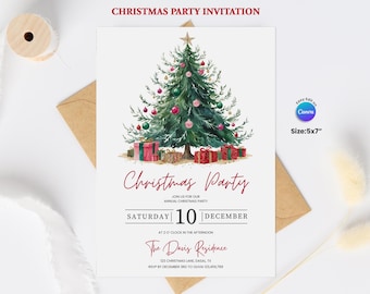 May include: A Christmas party invitation featuring a watercolour illustration of a decorated Christmas tree, gifts, and the words "Christmas Party." The invitation is 12.7 x 17.8 cm and includes event details such as date, time, and location.