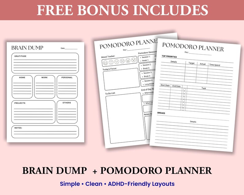 ADHD Planner Printable Set – Daily • Weekly • Monthly | FREE Brain Dump ...