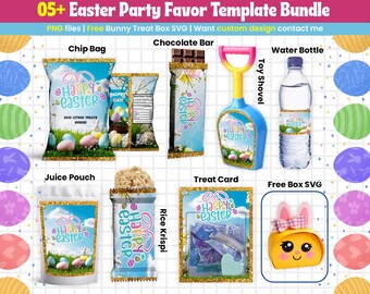 Easter Party Favors Bundle | Easter Chip Bag | Water Bottle Template | Toy Shovel Label | Kids Easter Party Kit