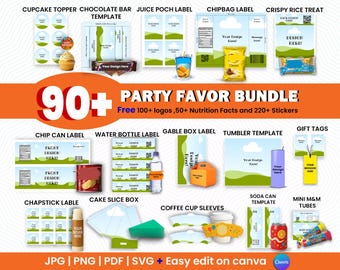 90 Party Favor Templates Bundle Party Template Chip bag Template Party Favors Capri Sun Ring Pop Canva Editable Water Bottle Labels Shoe Box