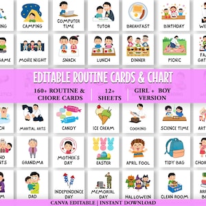 May include: A collection of illustrated routine and chore cards. The cards feature various activities such as skating, camping, and chores. The text "Editable Routine Cards & Chart" is displayed prominently, along with "Girl + Boy Version".