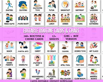 Editable Routine Cards for Kids | 20 Daily Visual Schedule Charts | Morning, Bedtime, Chores, After School | Printable & Canva Editable