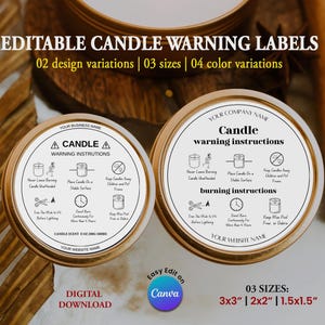 Op de afbeelding: Bewerkbare waarschuwingslabels voor kaarsen in twee ontwerpen, drie maten en vier kleuren. De labels bevatten waarschuwingen en brandinstructies voor kaarsen. De labels zijn ontworpen om te worden bewerkt in Canva.