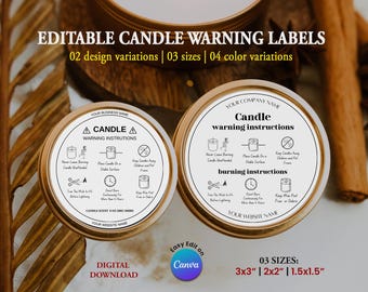 Candle Warning Labels | Editable Canva Templates | Printable Round Warning Instructions | Candles Safety Label