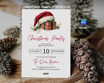 May include: A Christmas party invitation with a Santa hat, gift box, and festive greenery. The invitation includes the text "Christmas Party," date, time, and location details. The size is 5x7 inches.