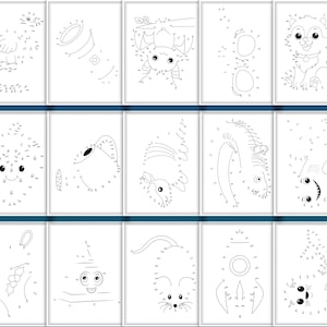 May include: A collection of fifteen black and white dot-to-dot puzzles. Each puzzle features a different cartoon animal or object, including a chick, a flashlight, a crab, a dog, and a mouse. The puzzles are designed for children.