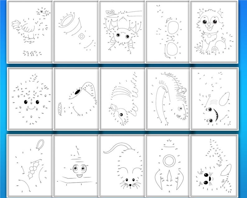 May include: A collection of fifteen black and white dot-to-dot puzzles. Each puzzle features a different cartoon animal or object, including a chick, a flashlight, a crab, a dog, and a mouse. The puzzles are designed for children.