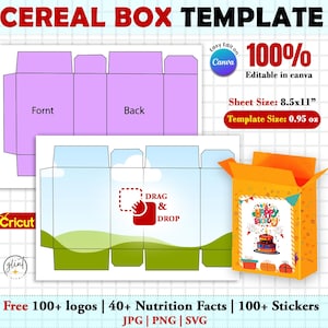 0.95 oz Cereal Box Template, Cereal Packaging Template, Cereal Box Svg, Party Favor Box template, Snack Box Template, Editable Canva,DIY Box