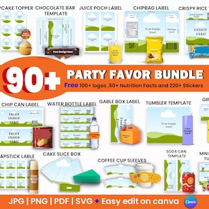 Könnte beinhalten: Ein digitales Party-Set mit Vorlagen für Cupcake-Topper, Schokoriegel, Saftbeutel, Chipstüten, Reiswaffeln, Chipdosen, Wasserflaschen, Geschenkboxen, Becher, Geschenkanhänger, Lippenpflegestifte, Tortenschachteln, Kaffeebecher-Manschetten und Getränkedosen.