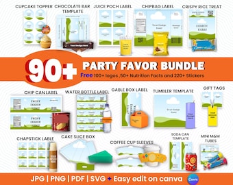 May include: A digital party favour bundle featuring templates for cupcake toppers, chocolate bars, juice pouches, chip bags, crispy rice treats, chip cans, water bottles, gable boxes, tumblers, gift tags, chapstick, cake boxes, coffee sleeves, soda cans, and M&M tubes.