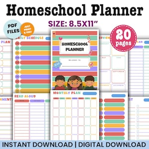 May include: A colorful homeschool planner with the text "Homeschool Planner" and "Size: 8.5x11". The planner includes pages for daily plans, assignments, and monthly schedules. The planner has 20 pages and is an instant digital download.
