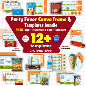 13 Party Favor Template, Party Favor Chip Bag Template, Chocolate Bar, Pringles Template, Water Bottle Labels, Canva Editable, SVG