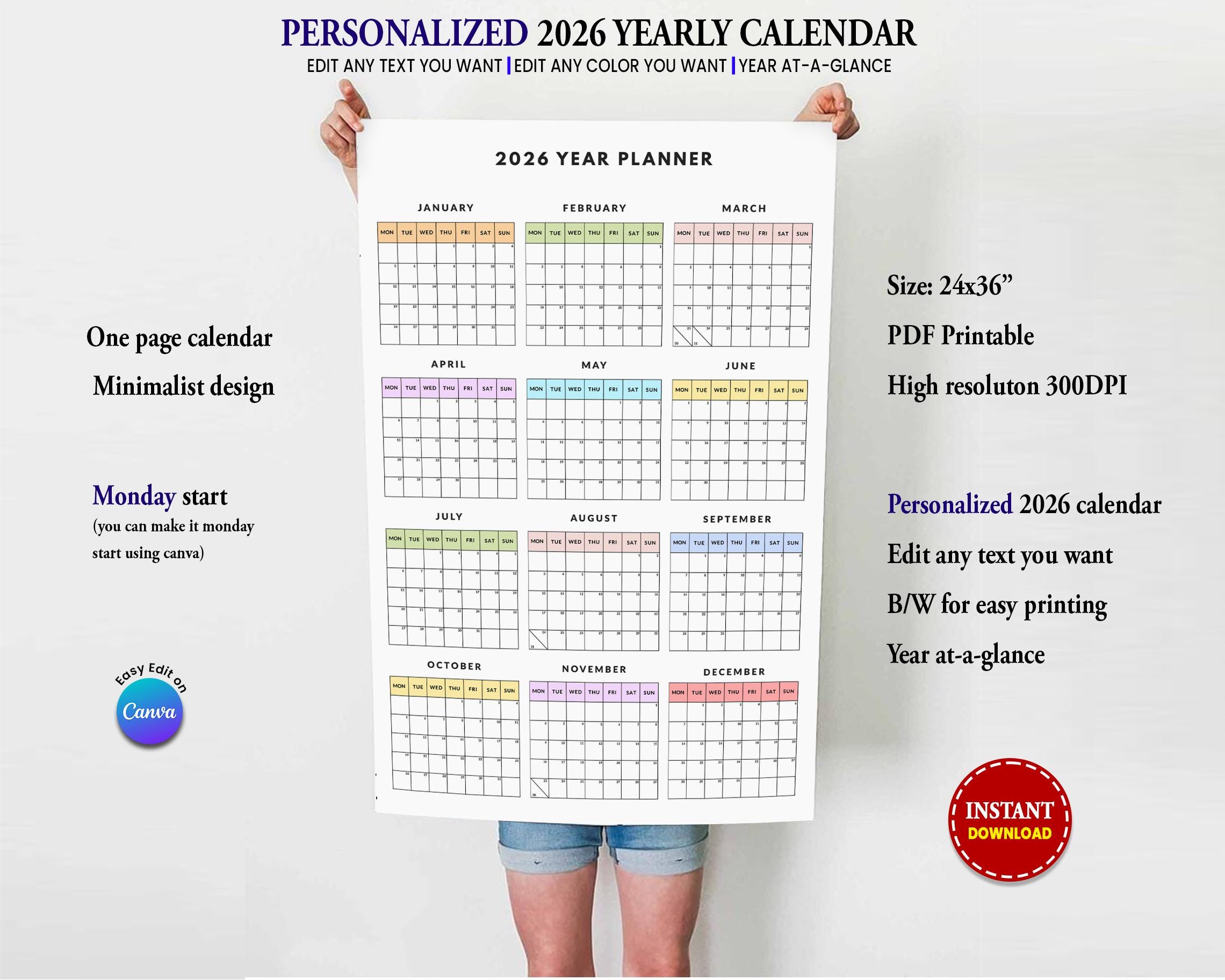 2026 Wall Calendar Printable Year at a Glance | Large Yearly Planner ...