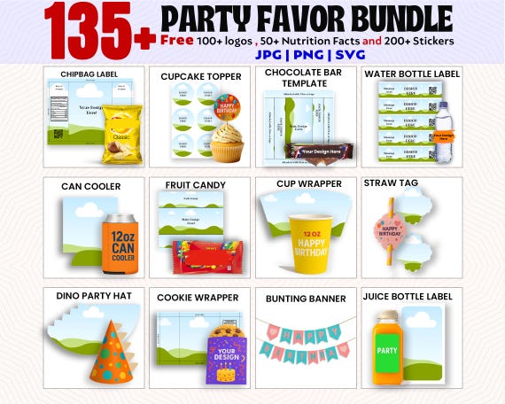 140 Party Favor Templates Bundle Party Template Chip bag Template Party Favor Capri Sun Ring Pop Canva Editable Water Bottle Labels Shoe Box