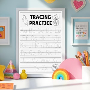 May include: A framed "Tracing Practice" chart with uppercase and lowercase letters, a pencil and teddy bear illustration. The chart is surrounded by colourful desk accessories, including a rainbow, star, and pencils.