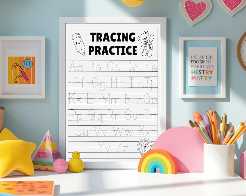 May include: A framed "Tracing Practice" chart with uppercase and lowercase letters, a pencil and teddy bear illustration. The chart is surrounded by colourful desk accessories, including a rainbow, star, and pencils.