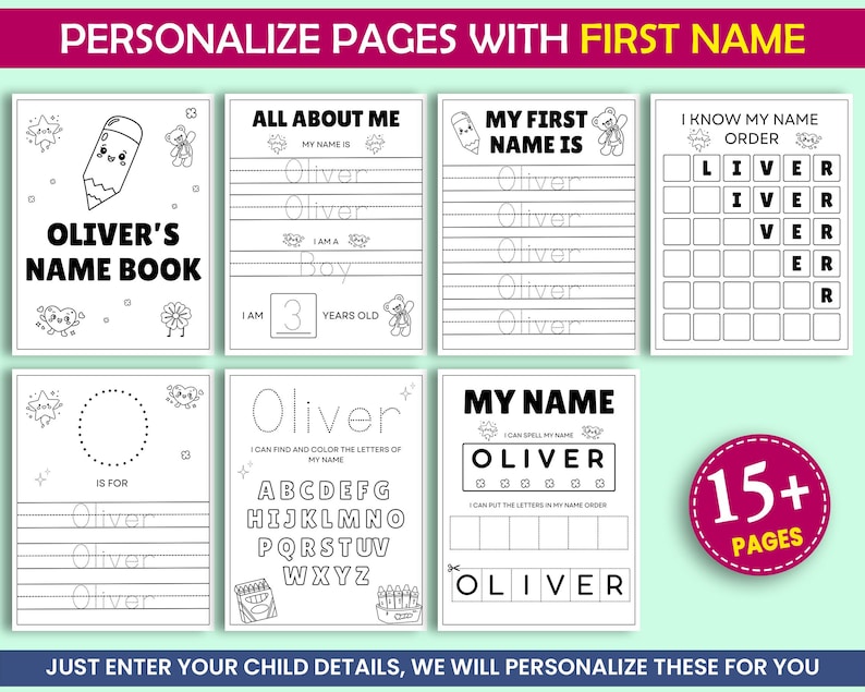 May include: A children's name book, personalised with the name "Oliver", with various activities such as letter tracing and spelling. The cover reads "Oliver's Name Book" and includes a pencil illustration. The book has over 15 pages.