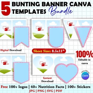 May include: A digital download bundle of 5 bunting banner Canva templates. Each template features a light blue shape with a pink scalloped border. The image includes the text "Bunting Banner Canva Templates Bundle", "Digital Download", and "Sheet Size: 8.5x11".