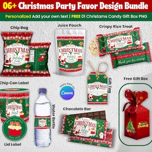 Puede incluir: Un paquete de diseño de recuerdos para fiestas navideñas con bolsas de patatas fritas, bolsas de zumo y barras de chocolate. Cada artículo tiene un diseño festivo con Papá Noel y el texto "Merry Christmas". El paquete incluye una caja de regalo gratis.