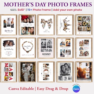 May include: A collection of framed photo collages with various Mother's Day themes. Each frame is 8x10 inches and features family photos, text, and decorative elements. The frames are arranged in a grid, showcasing different designs and layouts.