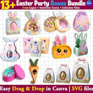 Paquete de cajas de Pascua / Kit de cajas imprimibles / Archivo digital / Editable en SVG y Canva / Recuerdos de fiesta de Pascua para hacer tú mismo / Cajas para dulces con forma de huevo y conejito