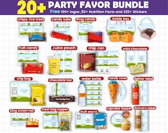 21 Party Favor Templates Bundle Party Template Chip bag Template Party Favors Juice Pouch Canva Editable Water Bottle Labels Shoe Box