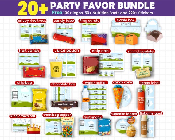21 Party Favor Templates Bundle Party Template Chip bag Template Party Favors Juice Pouch Canva Editable Water Bottle Labels Shoe Box