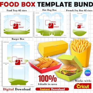 Könnte beinhalten: Ein digitales Vorlagenpaket für Lebensmittelboxen mit Designs für Tabletts, Hotdog-Boxen, Pommes-Boxen und Burger-Boxen. Das Bild enthält den Text "100% Editable in Canva" und "Works with Cricut."