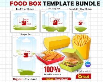 Food Box Templates Bundle, French Fries Box, Hot dog Box, Food Tray Template, Food Box SVG, Canva Template
