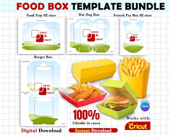 Food Box Templates Bundle, French Fries Box, Hot dog Box, Food Tray Template, Food Box SVG, Canva Template