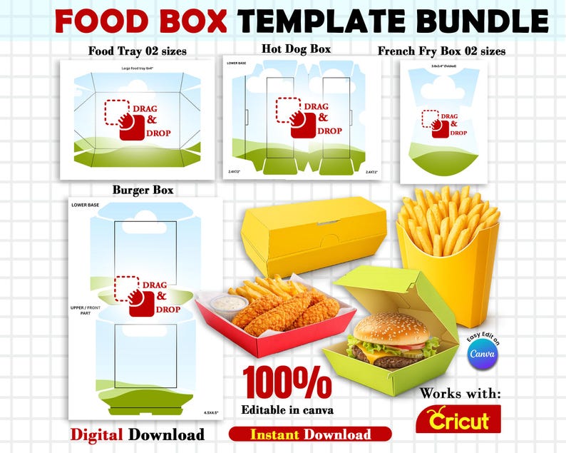 May include: A digital food box template bundle featuring designs for food trays, hot dog boxes, French fry boxes, and burger boxes. The image includes the text "100% Editable in Canva" and "Works with Cricut."