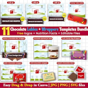 Pode incluir: Uma coleção de modelos de etiquetas e embalagens de chocolate. Os modelos incluem designs para etiquetas de tubos de doces, embalagens de barras de chocolate e etiquetas de potes. A imagem também inclui o texto "Easy Drag & Drop in Canva | JPG | PNG | SVG files."