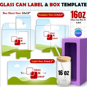 Puede incluir: Una plantilla para etiqueta y caja de lata de vidrio. El diseño incluye una lata de vidrio de 16 oz con tapa de madera y pajita, una caja morada y plantillas de etiquetas y cajas. La etiqueta mide 23.9x10.4 cm, y la caja 30.5x30.5 cm.