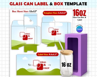 16oz libbey Can Glass Box & Label Template: Editable Packaging (Instant Download, SVG PNG JPG)