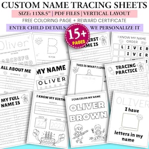 May include: A set of personalised name tracing sheets for children, sized at 28 x 21.6 cm. The sheets include tracing practice, colouring pages, and a reward certificate. Designed to help children learn to write their names and practice their letters.