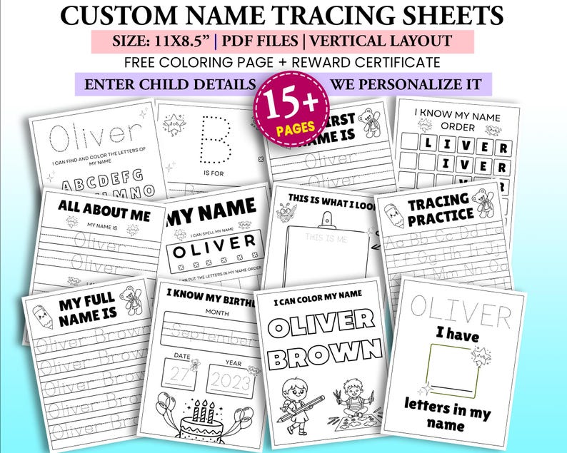May include: A set of personalised name tracing sheets for children, sized at 28 x 21.6 cm. The sheets include tracing practice, colouring pages, and a reward certificate. Designed to help children learn to write their names and practice their letters.