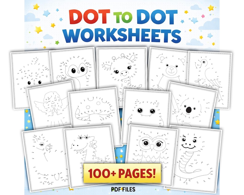 May include: A collection of black and white dot-to-dot worksheets featuring various animals and characters. The title "DOT TO DOT WORKSHEETS" is displayed at the top, with "100+ PAGES!" and "PDF FILES" at the bottom. The worksheets are arranged on a blue background with stars.