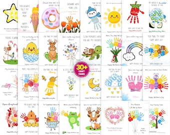 May include: A collection of Mother's Day cards with various designs. The cards feature handprint art, cartoon animals, and floral elements. Text includes phrases like "Happy Mother's Day" and "You are my favorite."