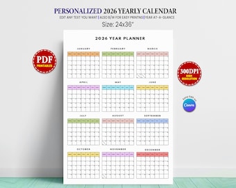 2026 Wall Calendar Printable Year at a Glance | Large Yearly Planner Monday / Sunday Start | Colorful Year Planner | Year to View PDF & PNG