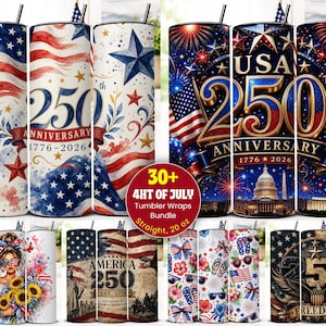 May include: A collection of 30+ tumbler wraps featuring patriotic American themes, including the USA 250th anniversary 1776-2026 text, fireworks, flags, the Capitol building, sunflowers, and eagles, designed for 20 oz straight tumblers.