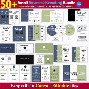 以下が含まれることがあります： 名刺、価格表、サンキューカード、ケア指示など、中小企業向けのブランディング資料のコレクション。デザイン要素は青、緑、白の色合いです。「50+ Small Business Branding Bundle」と「Easy edit in Canva | Editable files」のテキストが含まれています。