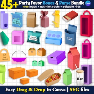 Puede incluir: Una variedad de cajas de recuerdos para fiestas y monederos de diferentes formas y colores. Algunas cajas tienen texto como "Happy Birthday" y "Playing Cards". También se ve el texto "45+ Party Favor Boxes & Purse Bundle" y "16 oz".