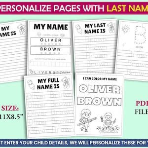 May include: Printable PDF activity sheets for children, designed for name practice and colouring. The pages include prompts such as "My Name Is," "My Last Name Is," and "My Full Name Is." The size is 27.9 x 21.6 cm.