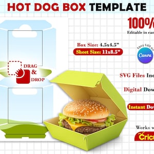 May include: A lime green hot dog box template with a burger inside. The box is open, revealing a burger with a sesame seed bun, lettuce, tomato, and cheese. Text includes "HOT DOG BOX TEMPLATE", "Box Size: 4.5x4.5", and "Digital Download".