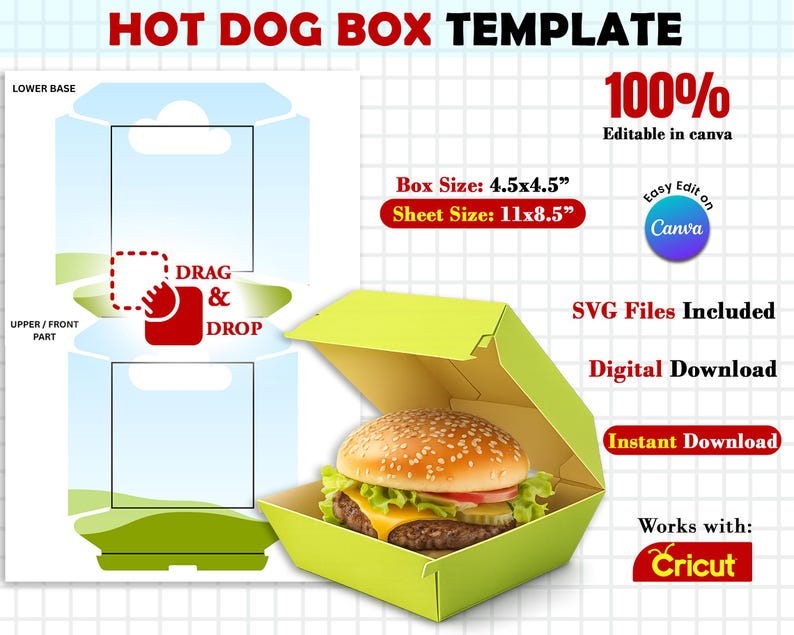 May include: A lime green hot dog box template with a burger inside. The box is open, revealing a burger with a sesame seed bun, lettuce, tomato, and cheese. Text includes "HOT DOG BOX TEMPLATE", "Box Size: 4.5x4.5", and "Digital Download".
