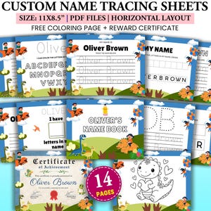 May include: A collection of custom name tracing sheets with a dinosaur theme. The sheets include tracing exercises, a coloring page, and a reward certificate. The text on the sheets includes "CUSTOM NAME TRACING SHEETS" and "OLIVER BROWN".