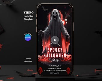 Puede incluir: Una pantalla de smartphone muestra una invitación a una fiesta de Halloween. El diseño presenta una figura fantasmal con un fondo rojo y negro, calabazas y murciélagos. El texto incluye "Spooky Halloween Party" y detalles del evento.